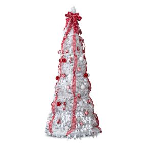 6 FT Fully Decorated Pre-lit Christmas Tree, Pop Up Artificial Xmas Tree with 100 Warm Lights and Red Ornaments for Home Office Store Holiday Dec