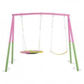 Swing Set for Backyard, 330lbs Swing Set with Heavy-Duty A-Frame Metal Outdoor Swing Stand, 1 Saucer Swing Seat & 1 Belt Swings Seat