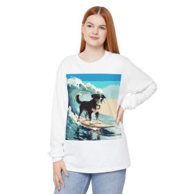 Surfing Dog Long Sleeve Tee | Retro Wave Beach Graphic (size & Color: White L)